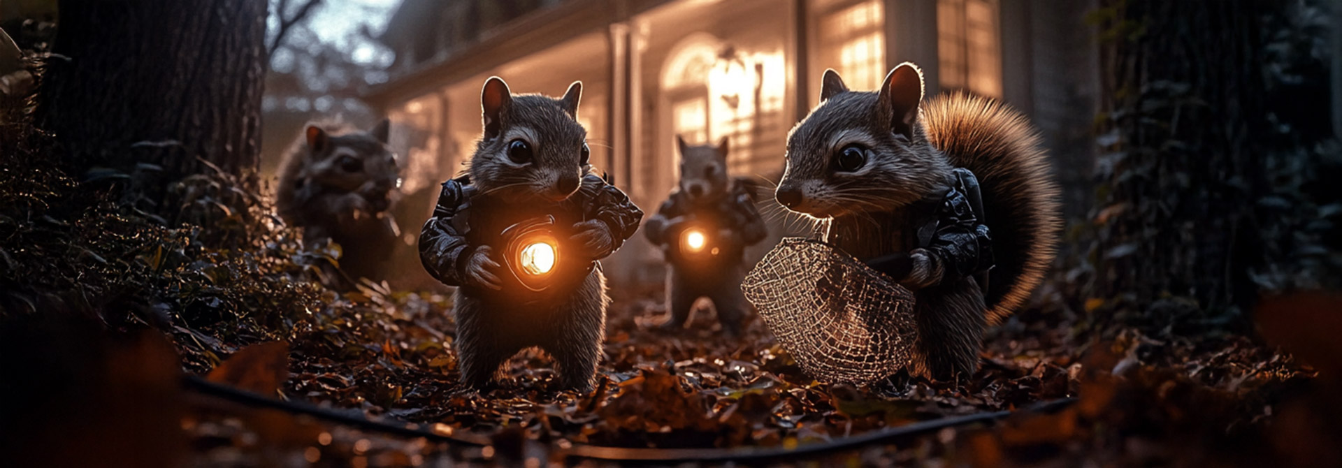 Group of Police Squirrels searching for a raccoon.