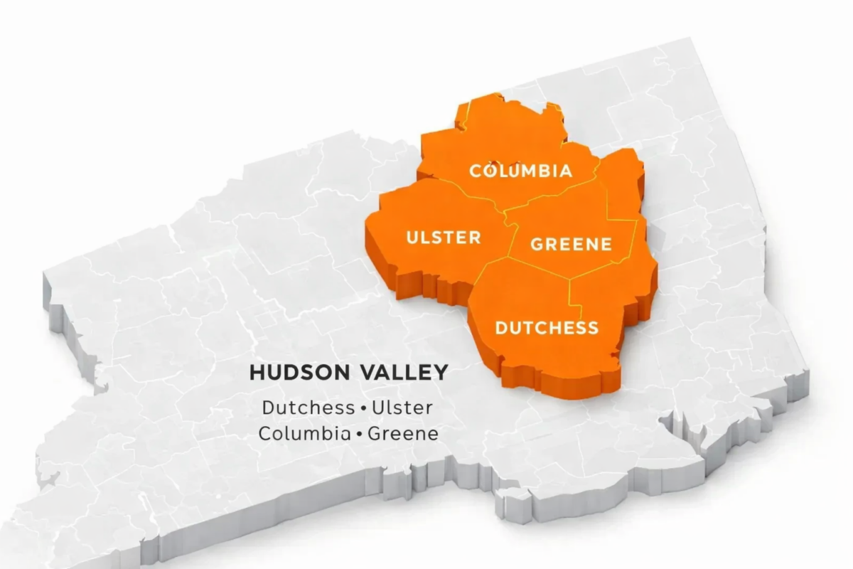 3D map of Hudson Valley highlighting Columbia, Ulster, Greene, and Dutchess counties in orange on a grey background.