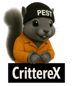 Squirrel mascot in an orange jumpsuit and handcuffs, wearing a black beanie labeled "PEST" above "CrittereX" logo.