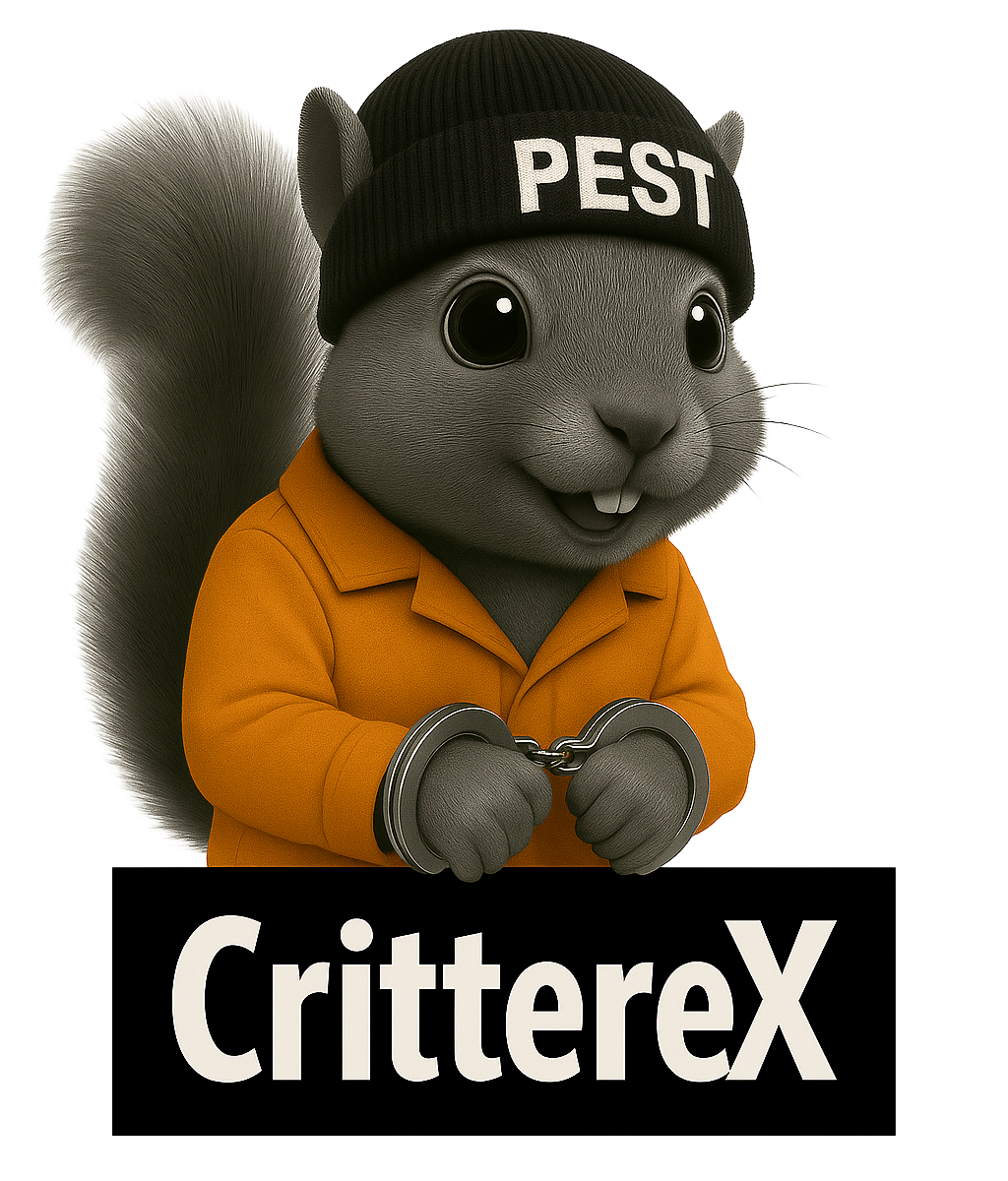 Squirrel mascot in an orange jumpsuit and handcuffs, wearing a black beanie labeled "PEST" above "CrittereX" logo.