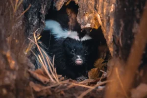 A captivating close-up captures a skunk emerging from a hollow within a tree trunk.