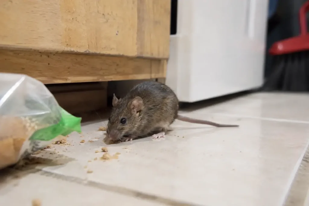 A small brown house mouse searches for food on a tiled kitchen floor beside wooden cabinets, with scattered crumbs and an opened food package nearby