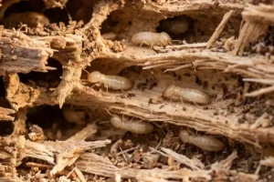 Macro photograph of termite-damaged wood, honeycomb-like tunnels and galleries exposed inside a broken wooden beam, several worker termites visible, soft mud tube on the wood surface, warm side lighting, realistic, high detail, shallow depth of field