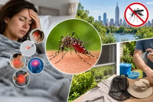 Realistic collage illustrating West Nile virus symptoms, a mosquito feeding on skin, and mosquito prevention methods, including window screens, insect repellent, and protective clothing, with the New York City skyline in the background.